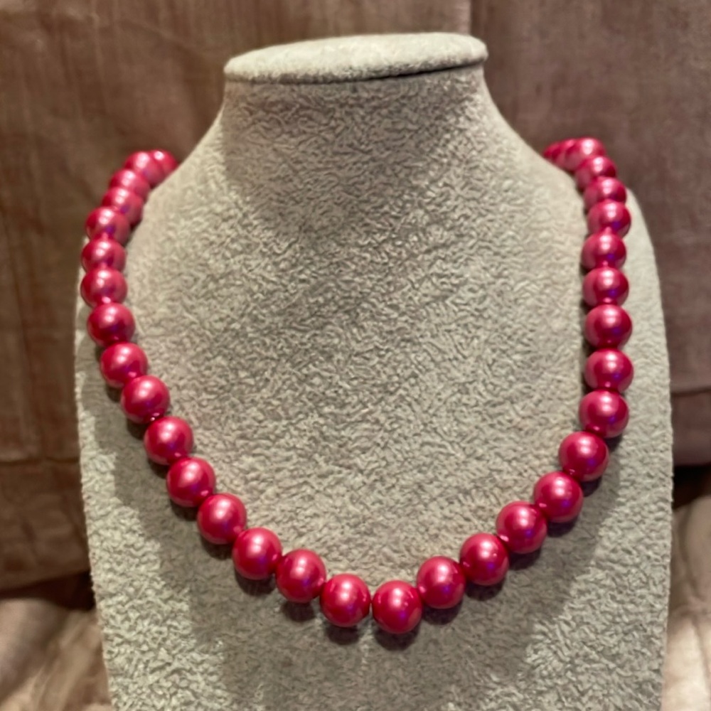 Pink Raspberry Faux Pearl Necklace 23”